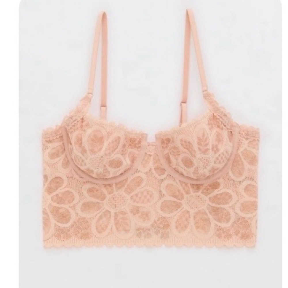 Aerie Show Off Coquette Lace Unlined Bra — Dusty Pink with Rose Gold Accents